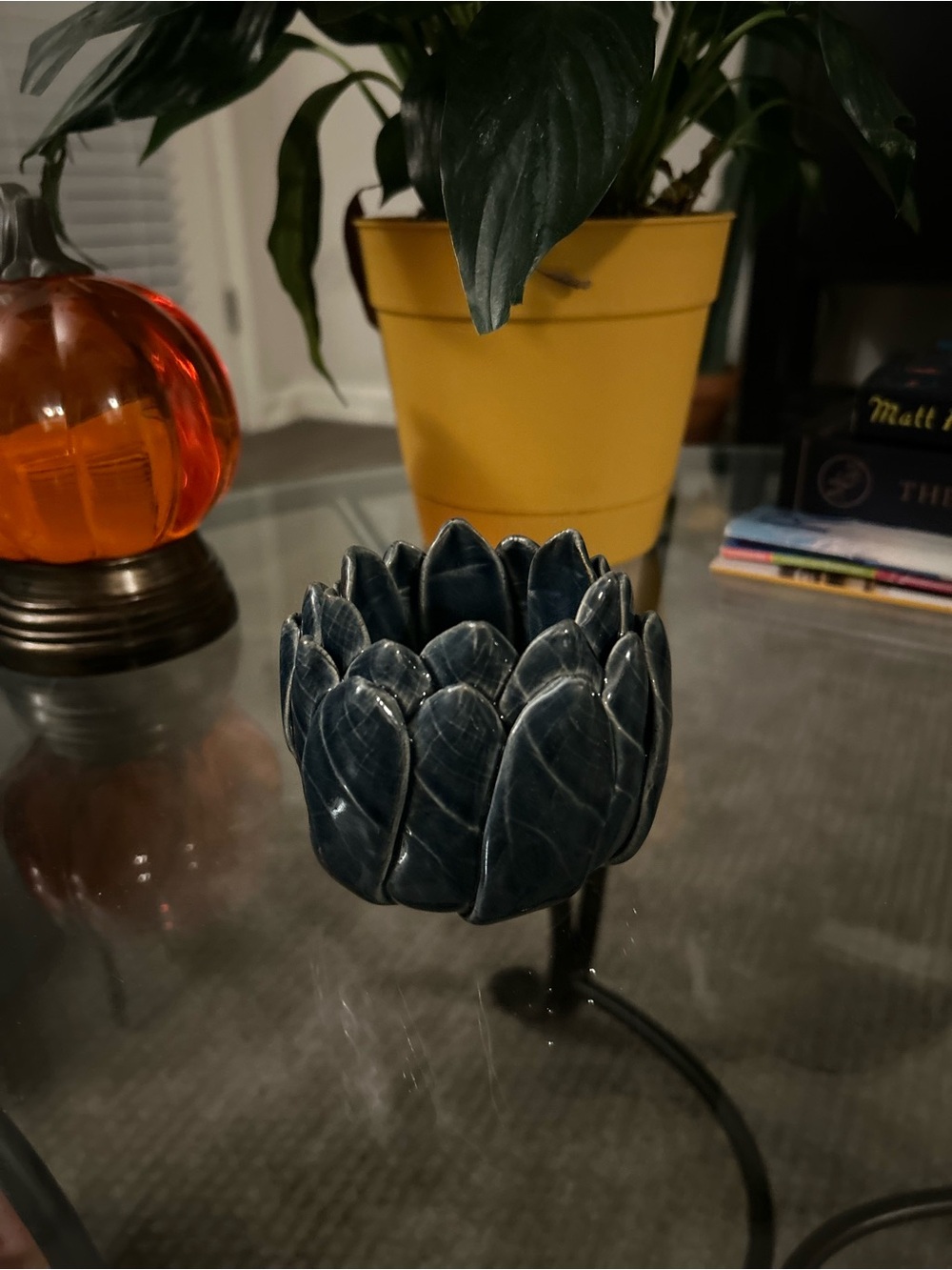 Handcrafted Ceramic Teal Lotus Votive Holder